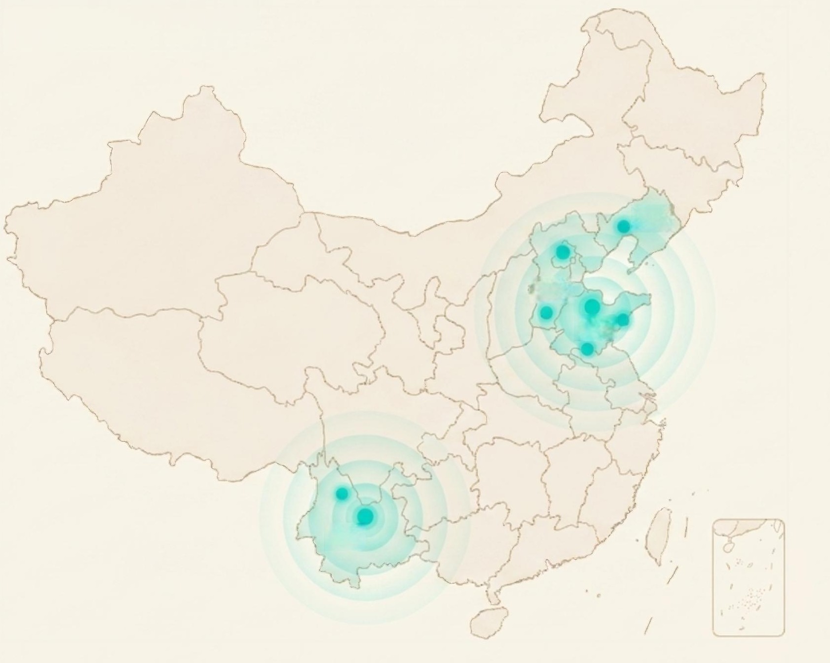 全国线下履约网络分布示意：中国地图上的华北与西南两大高密度集群